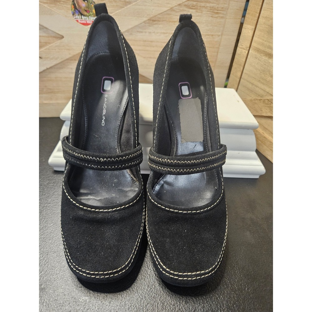 Bandolino Wedge Mary Jane Sandals Women‎ 7.5 Black Suede Contrast Stitching #627